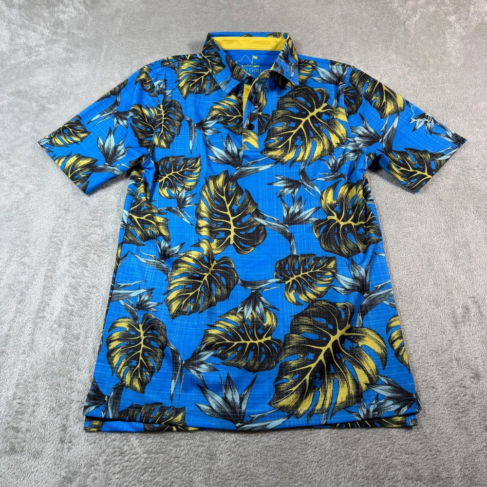 Oahu Golf Apparel (OGA) Polo Shirt Mens XS Blue Tropical Floral Monstera UPF 50+